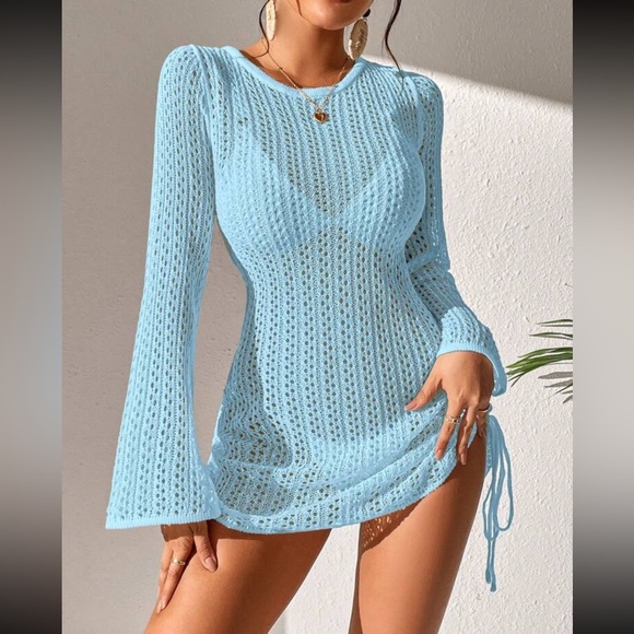 Other - Baby blue crochet ruched tie drawstring side tie back mini cover up dress